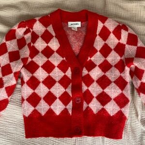 MONKI PINK/RED ARGYLE CARDIGAN SWEATER